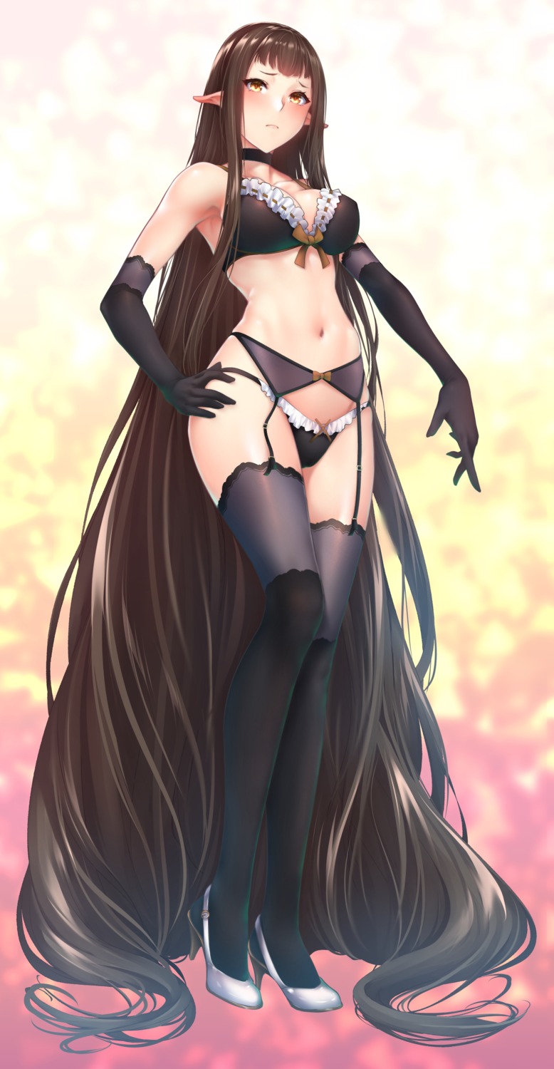 bra cameltoe cleavage erect_nipples fate/grand_order garter_belt heels pantsu pointy_ears semiramis_(fate) stockings thighhighs zucchini