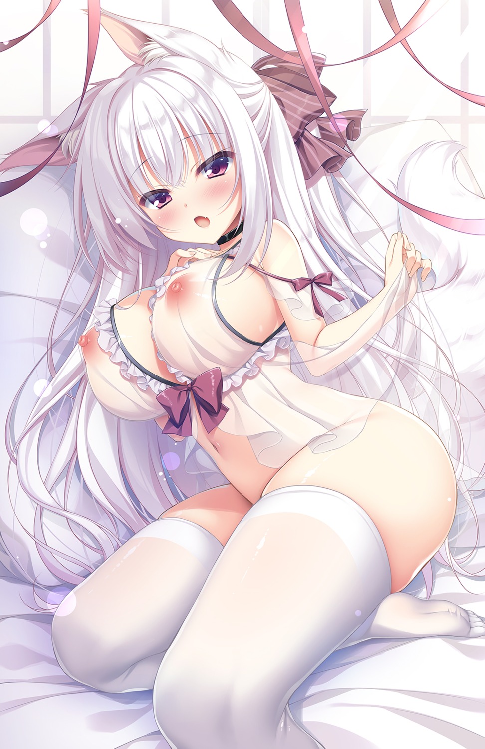 animal_ears bottomless kitsune nipples see_through tail thighhighs yatanuki_kei