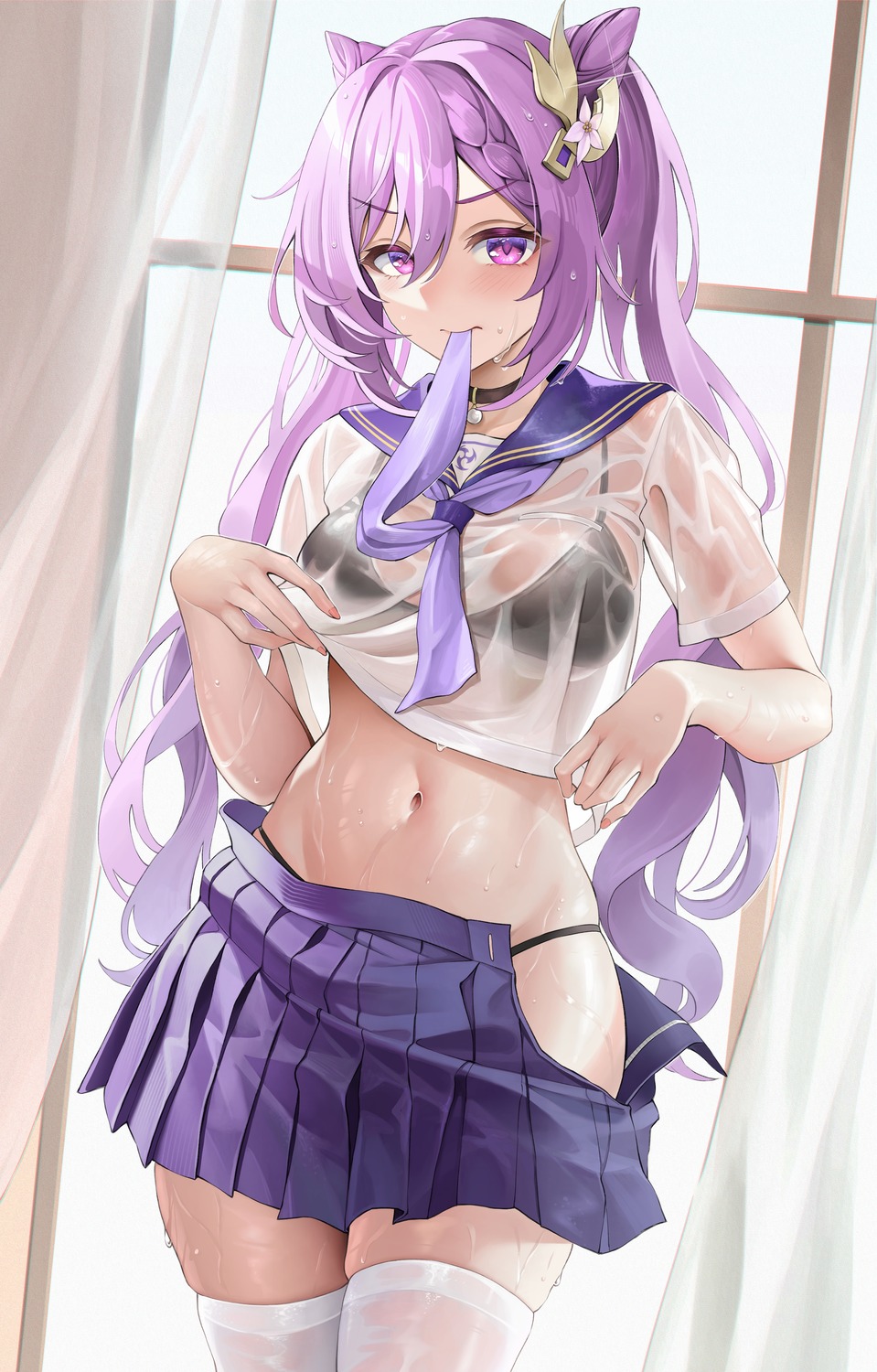 bra elocca genshin_impact keqing pantsu see_through seifuku thighhighs undressing wet wet_clothes