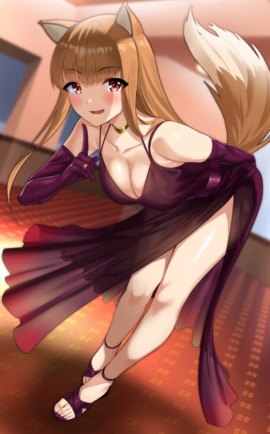 animal_ears cleavage dress holo kisaragi_tsurugi no_bra see_through skirt_lift spice_and_wolf tail