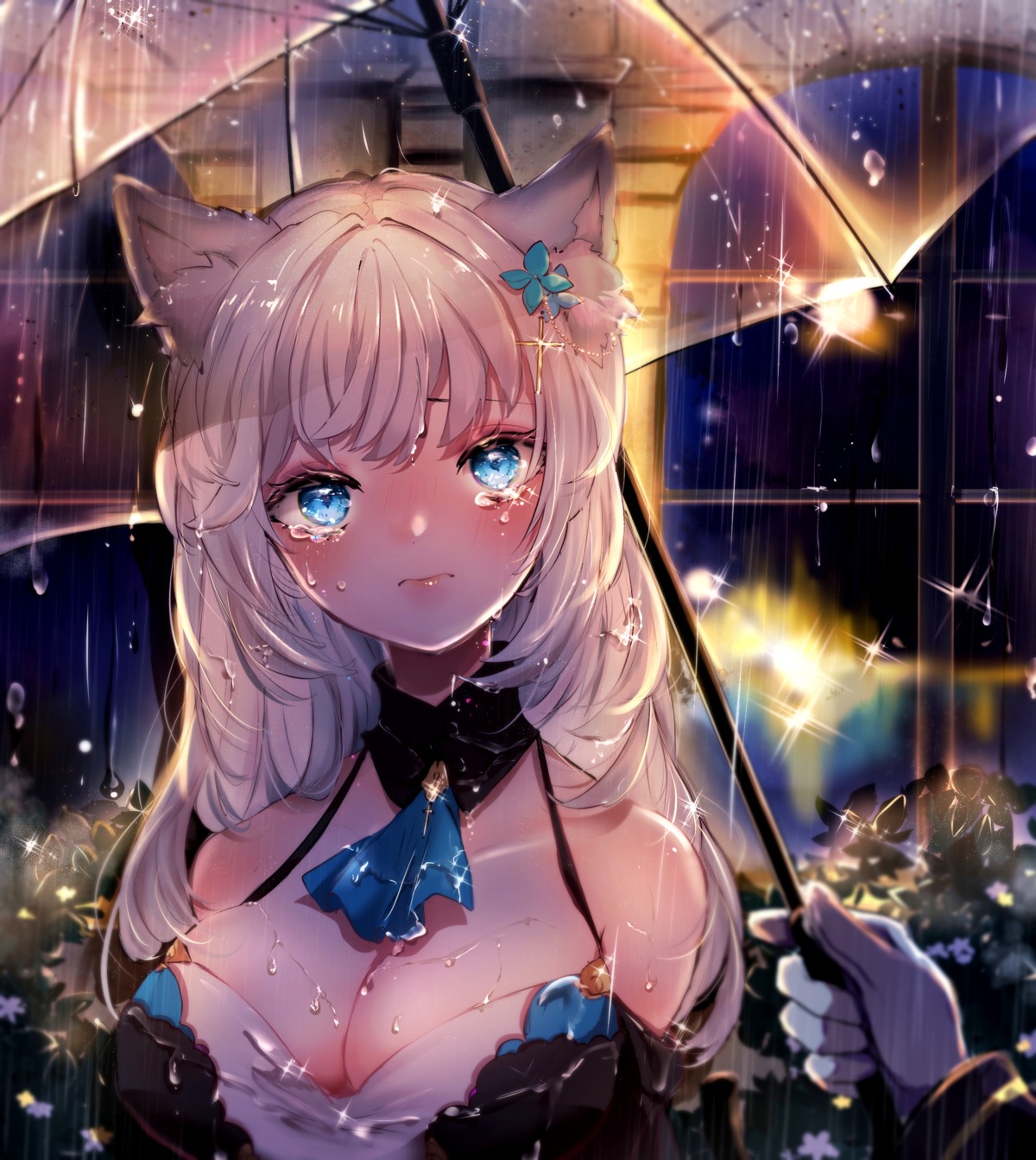 animal_ears beni_ttt cleavage nekomimi no_bra umbrella wet wet_clothes