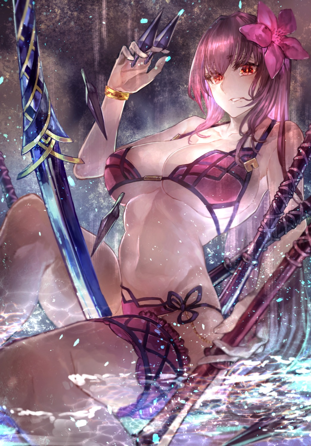 bikini cleavage fate/grand_order garter scathach_(fate/grand_order) signo_aaa swimsuits underboob weapon wet