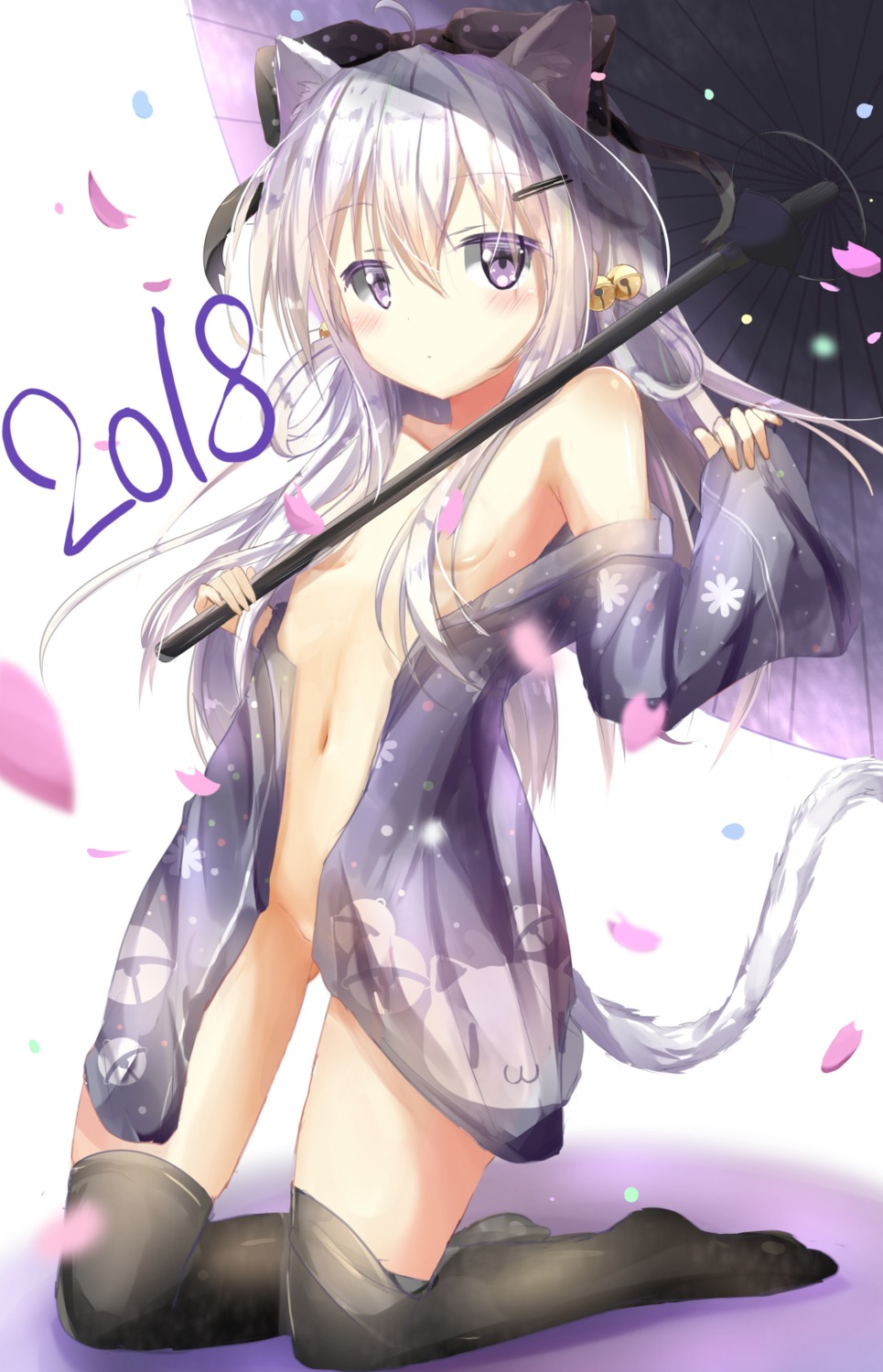 animal_ears loli nekomimi no_bra nopan open_shirt shirakawa_neneko tail thighhighs umbrella yonjyuugo yukata