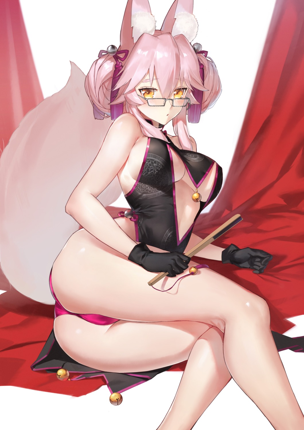 animal_ears cameltoe chinadress duan_henglong fate/grand_order megane no_bra pantsu tail tamamo_vitch_koyanskaya thong