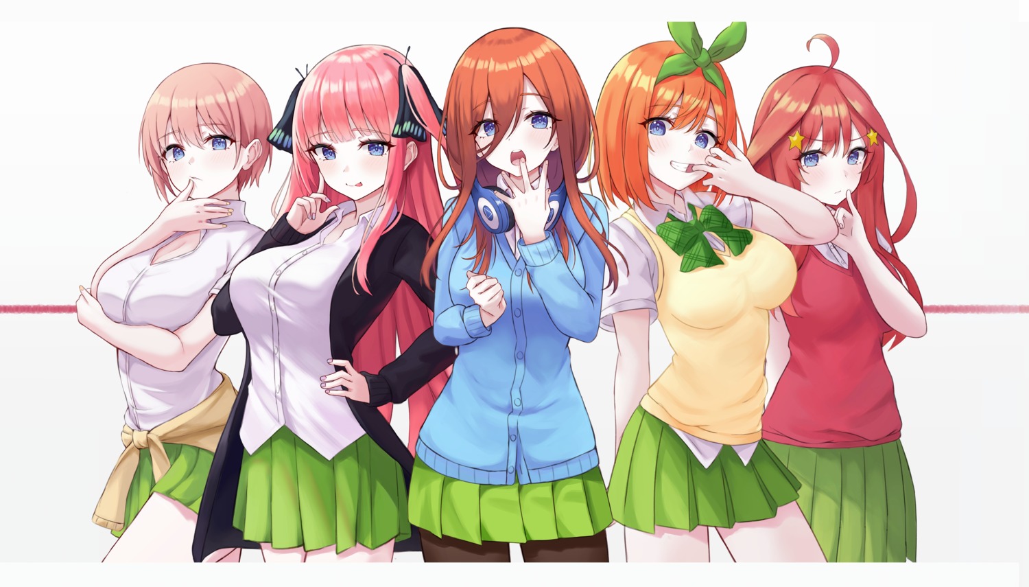 5-toubun_no_hanayome cleavage headphones kano_(wi3028) nakano_ichika nakano_itsuki nakano_miku nakano_nino nakano_yotsuba pantyhose seifuku sweater