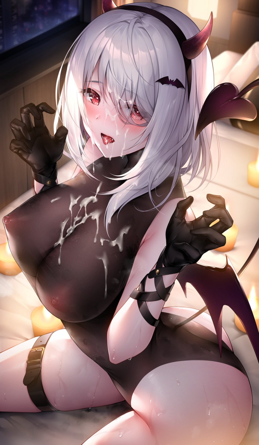 cum devil garter halloween horns lenne_(oyuwari) leotard nipples no_bra oyuwari see_through tail wings