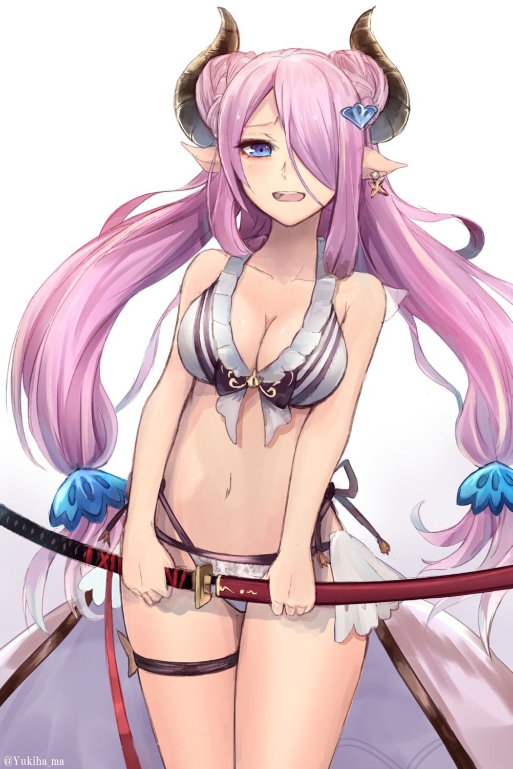 bikini cleavage garter granblue_fantasy horns narumeia_(granblue_fantasy) pointy_ears swimsuits sword yukihama