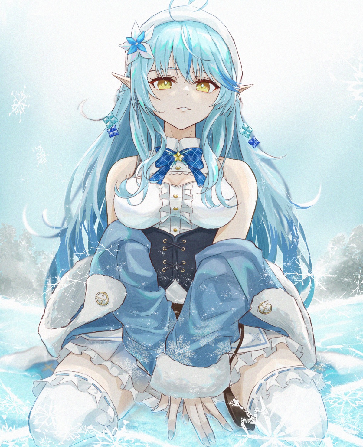 elf hololive norio_(noriosub) pointy_ears thighhighs wet yukihana_lamy