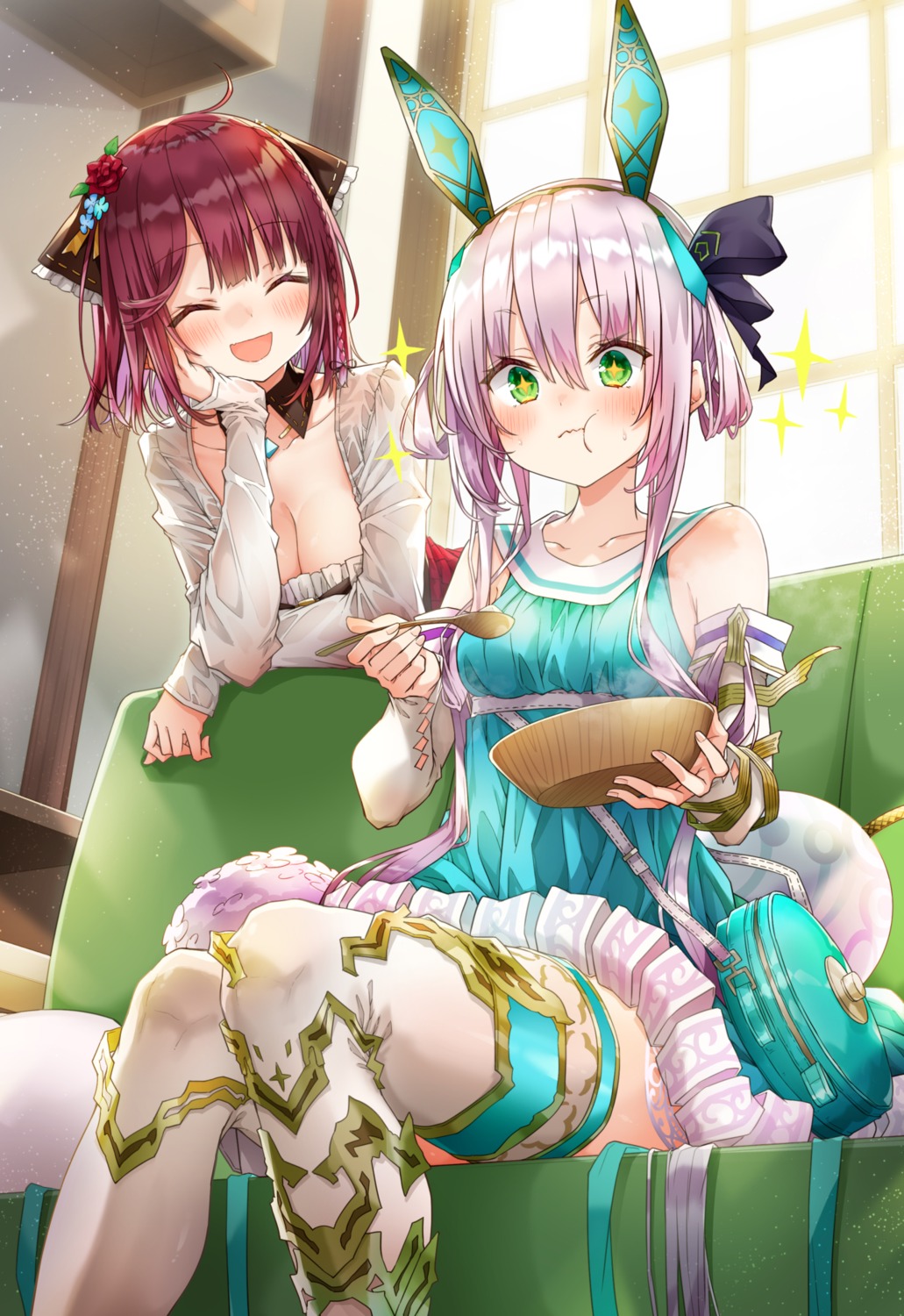 alt animal_ears atelier atelier_sophie atelier_sophie_2 bunny_ears cleavage dress no_bra plachta sophie_neuenmuller thighhighs