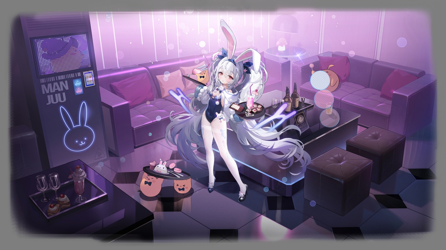 animal_ears azur_lane bunny_ears bunny_girl heels laffey_(azur_lane) loli manjuu_(azur_lane) namyo no_bra pantyhose transparent_png waitress