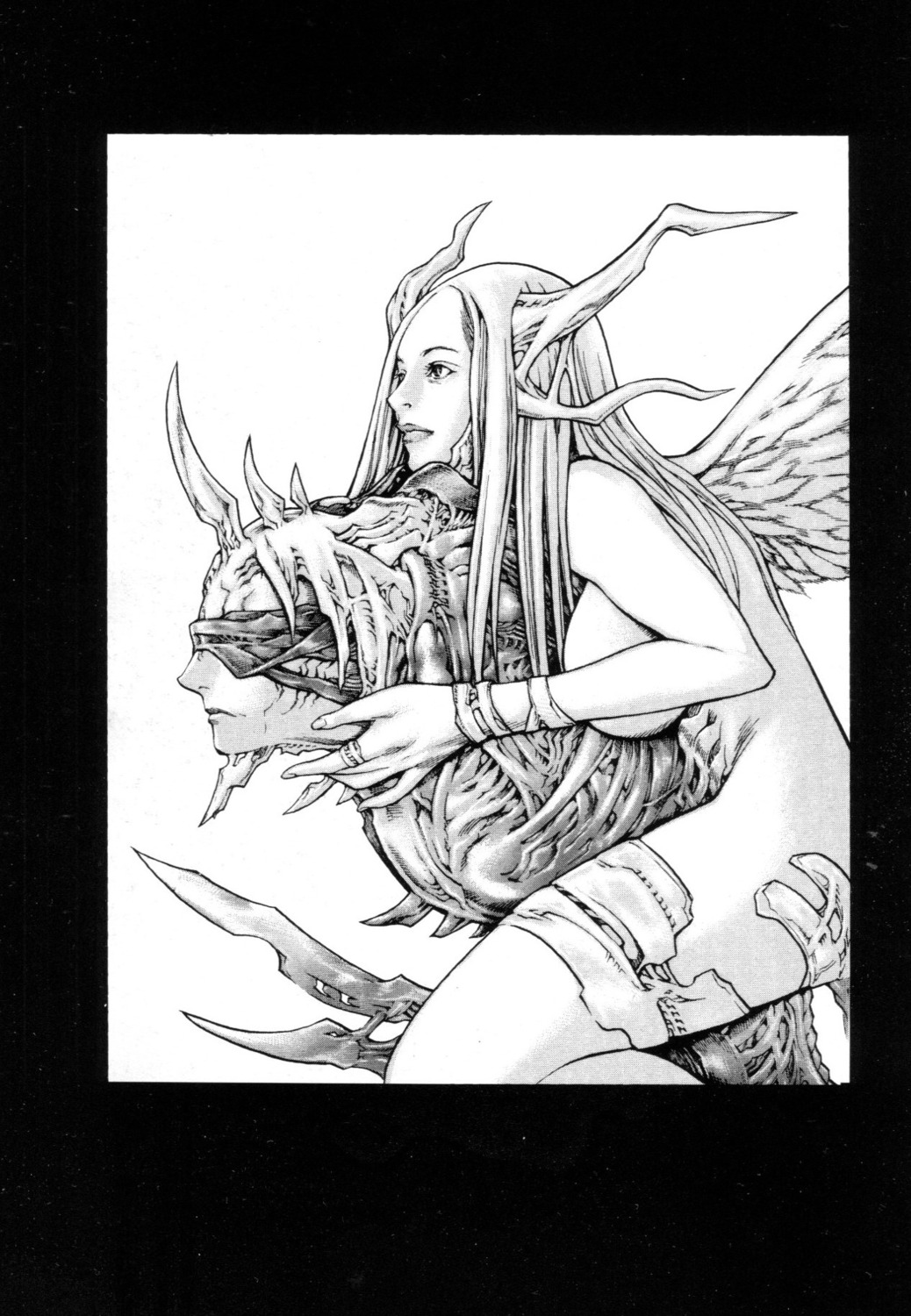 claymore horns monochrome monster_girl naked thighhighs wings yagi_norihiro