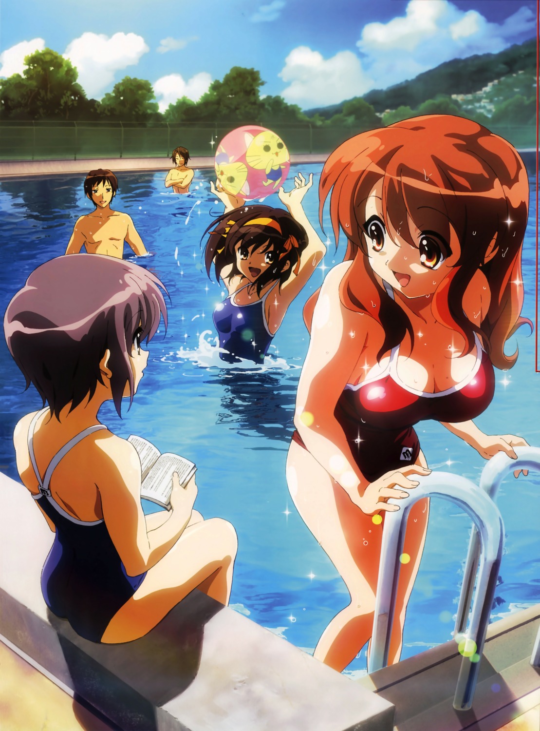 asahina_mikuru koizumi_itsuki kyon nagato_yuki nishiya_futoshi school_swimsuit suzumiya_haruhi suzumiya_haruhi_no_yuuutsu swimsuits wet