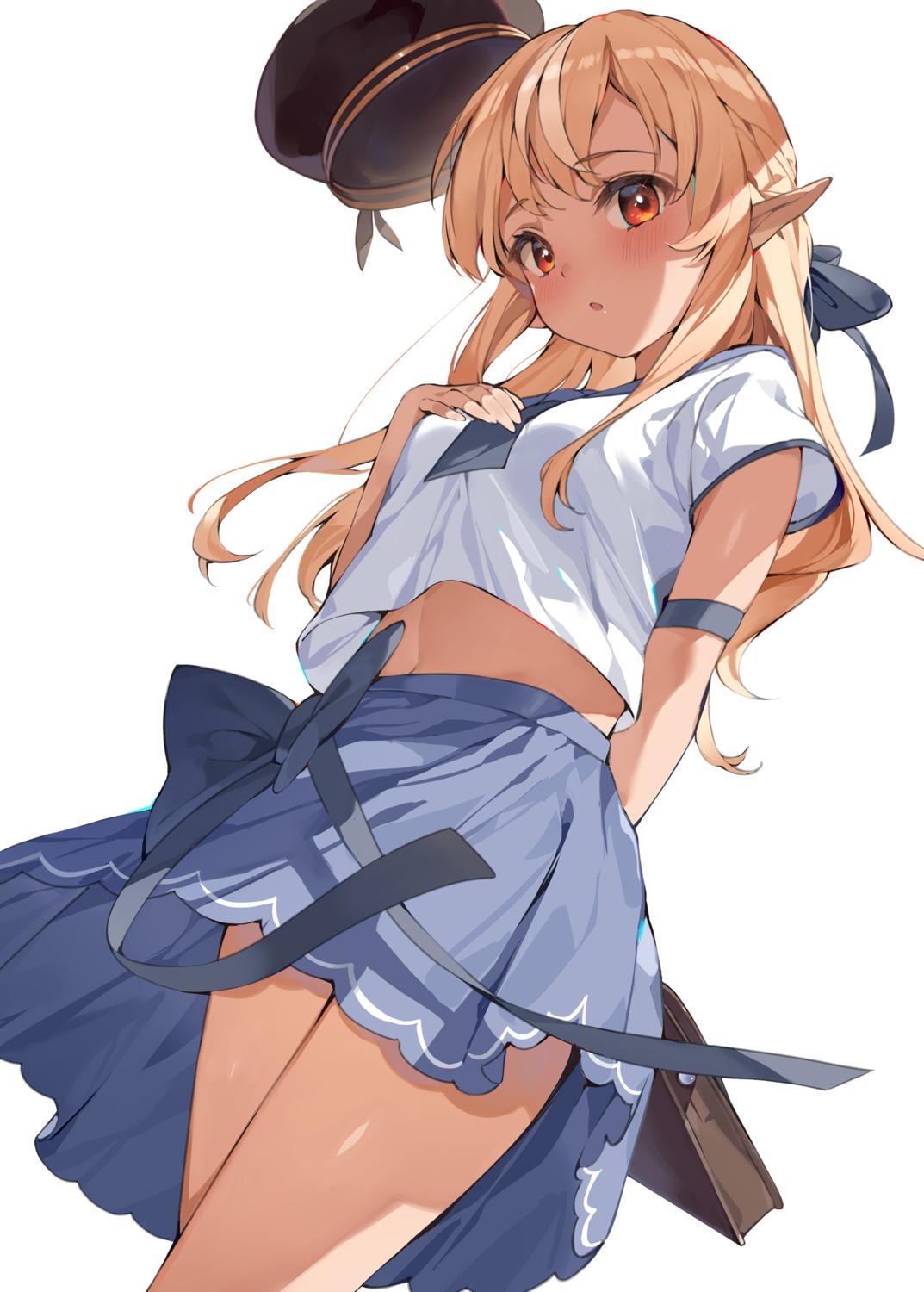 elf hana_mori hololive pointy_ears seifuku shiranui_flare skirt_lift