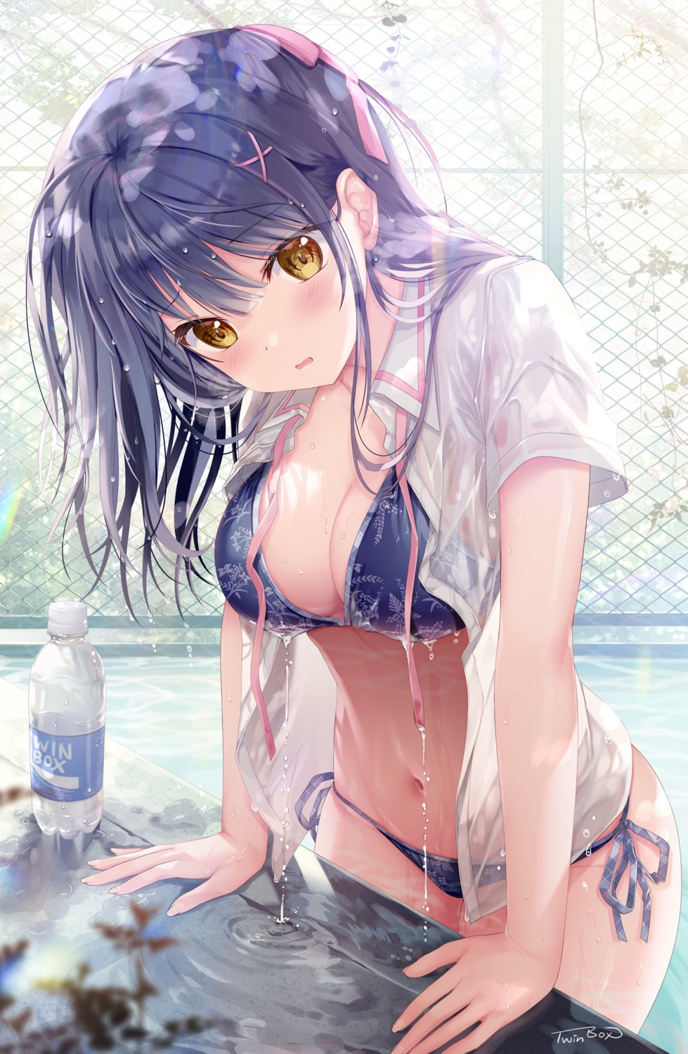 bikini cleavage nanami_yuuno open_shirt see_through seifuku swimsuits twinbox twinbox_school wet wet_clothes