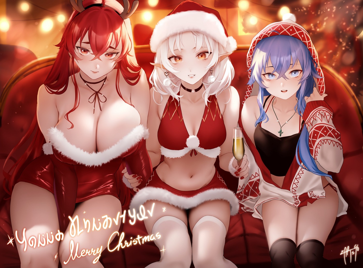 bikini_top christmas cleavage dress elf eris_boreas_greyrat horns mushoku_tensei no_bra pantsu pointy_ears roxy_migurdia string_panties swimsuits sylphiette thighhighs zasshu