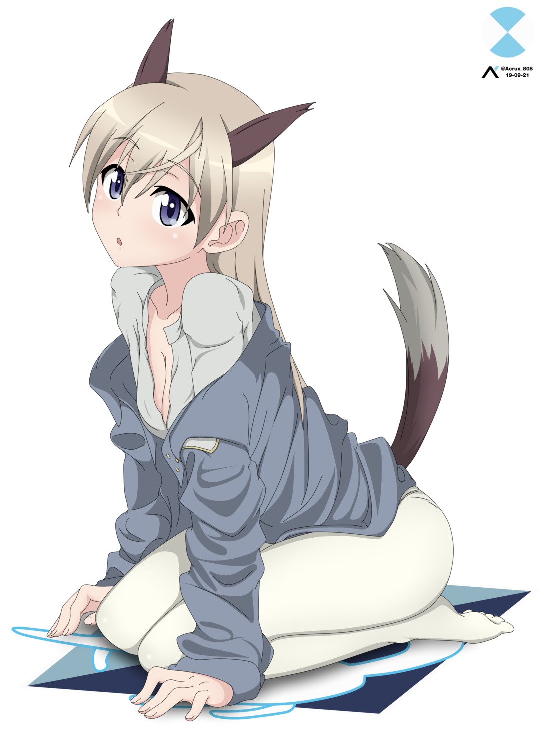 acrux animal_ears cleavage eila_ilmatar_juutilainen kitsune open_shirt pantyhose strike_witches strike_witches:_operation_victory_arrow strike_witches_2 strike_witches_gekijouban tail uniform