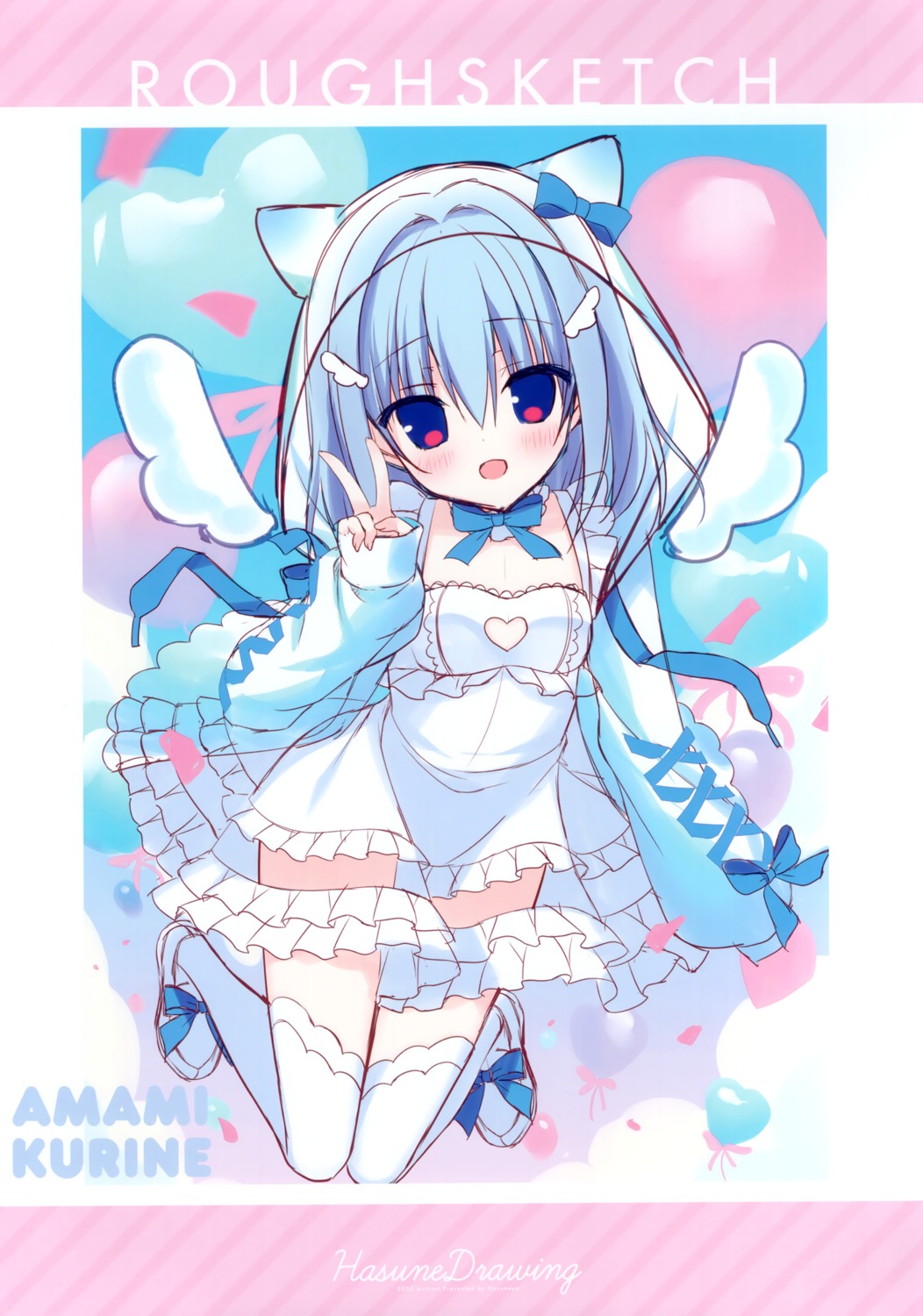 amami_kurine animal_ears dress haconect hasune hasuneya nekomimi see_through sketch thighhighs wings