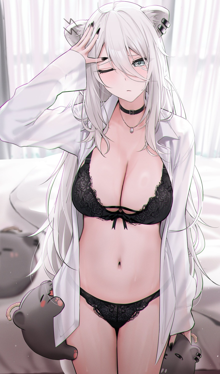 animal_ears bra dress_shirt hololive lingerie open_shirt pantsu see_through shishiro_botan tail wanne