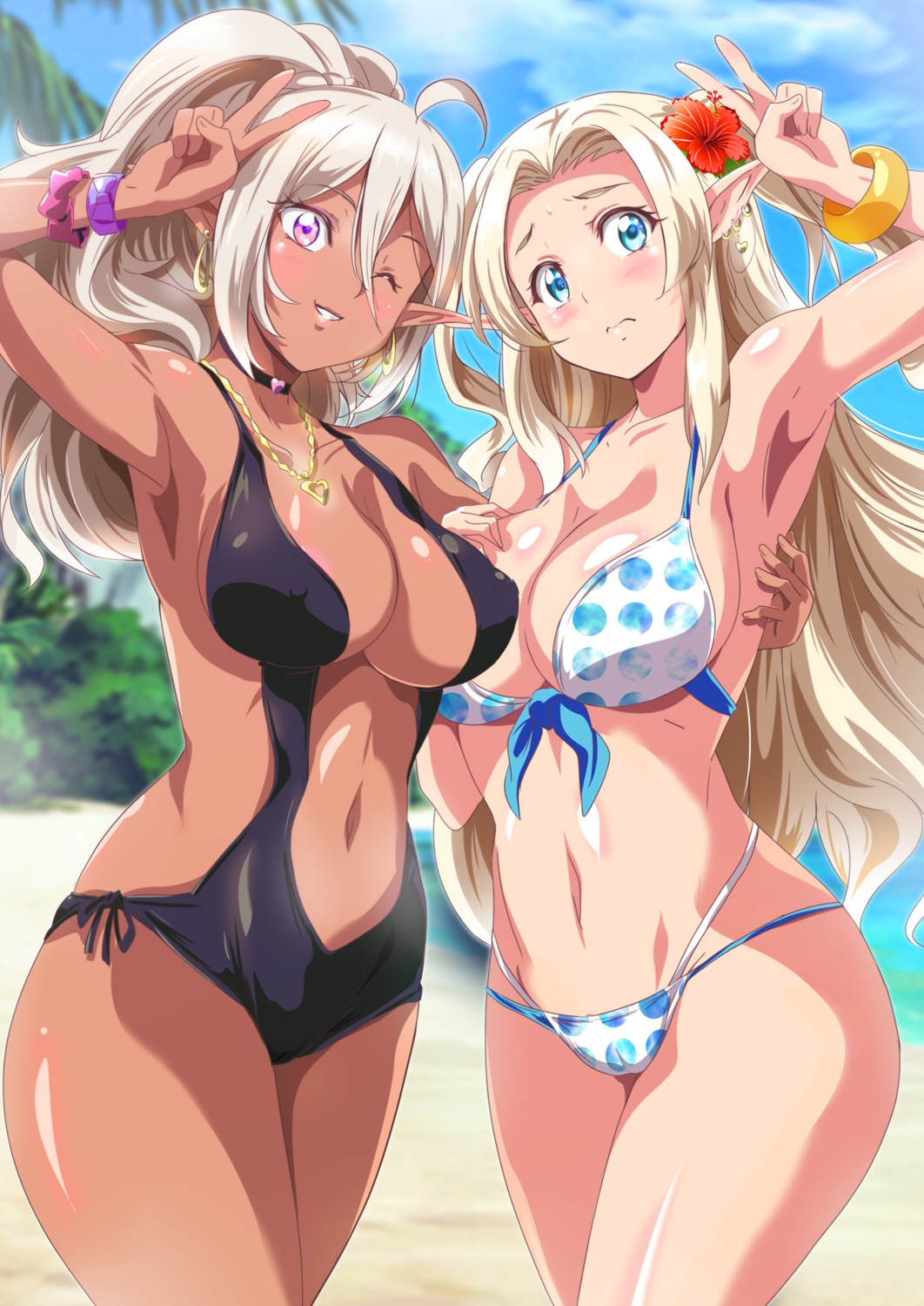 areola bikini breast_hold cameltoe elf erect_nipples pointy_ears swimsuits washizuka_shou