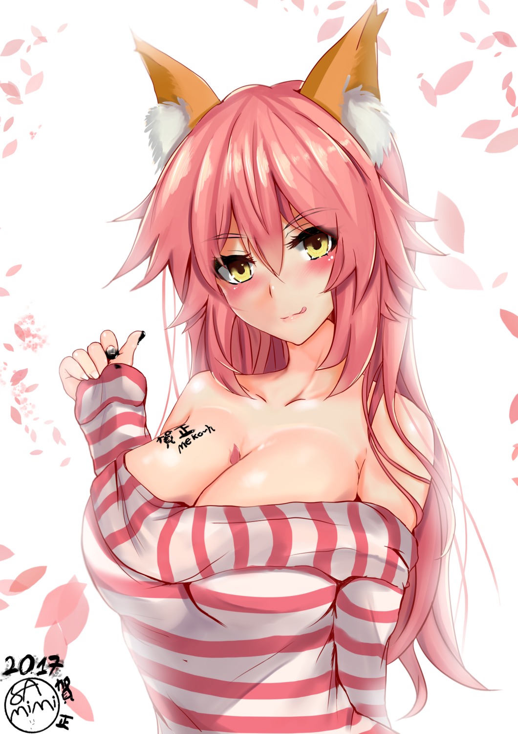 animal_ears autographed cleavage fate/grand_order kitsune open_shirt samimitan tamamo_no_mae tattoo