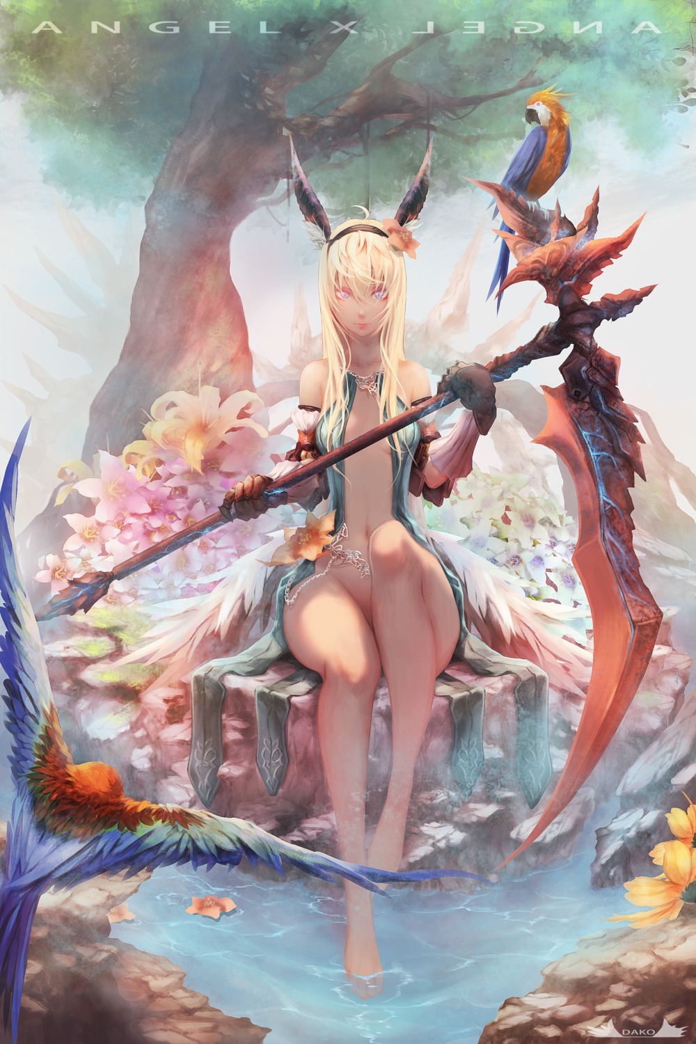 animal_ears dress hu_dako no_bra nopan open_shirt weapon wet wings