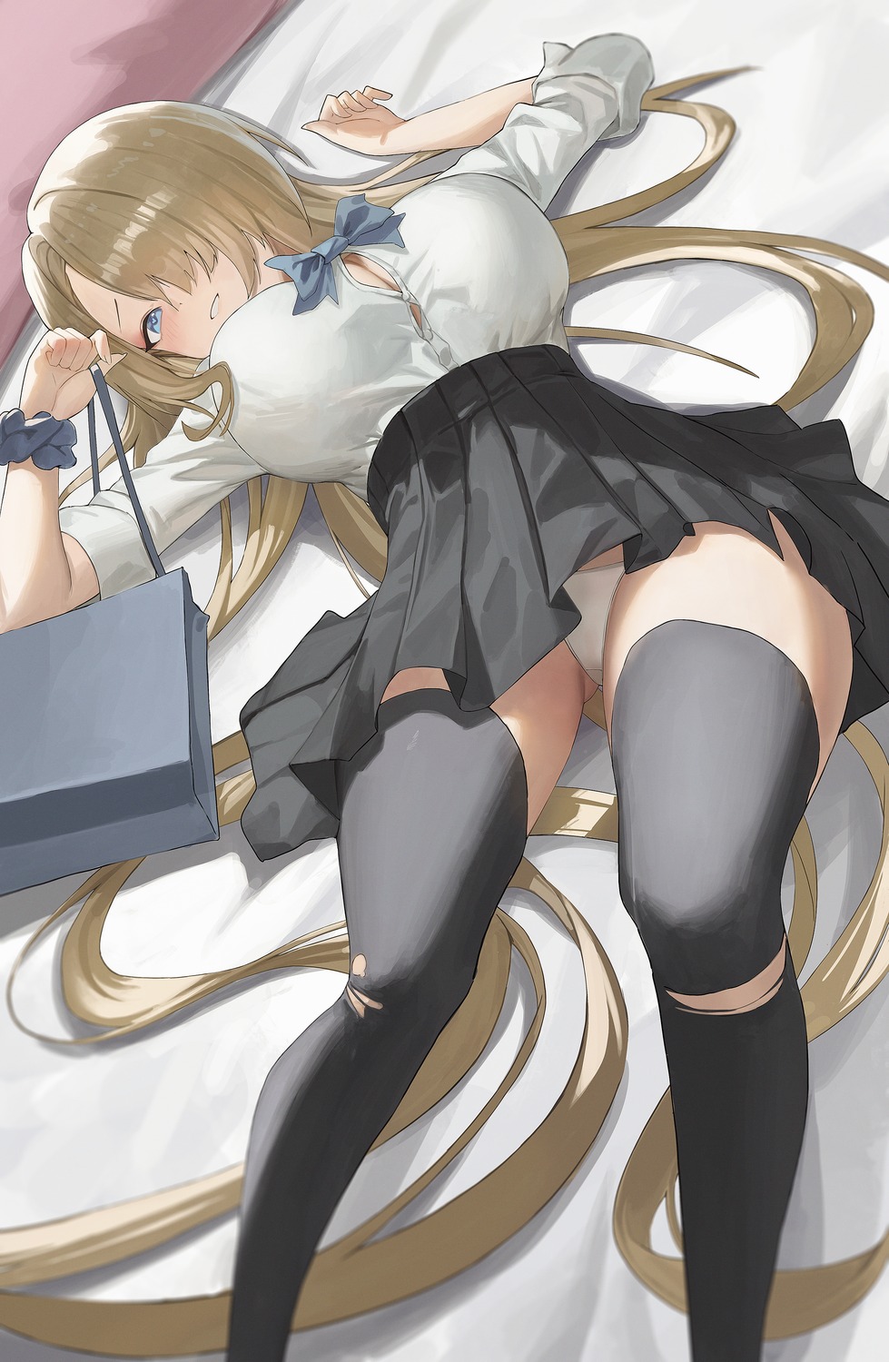 black_c blue_archive cleavage ichinose_asuna pantsu seifuku thighhighs torn_clothes