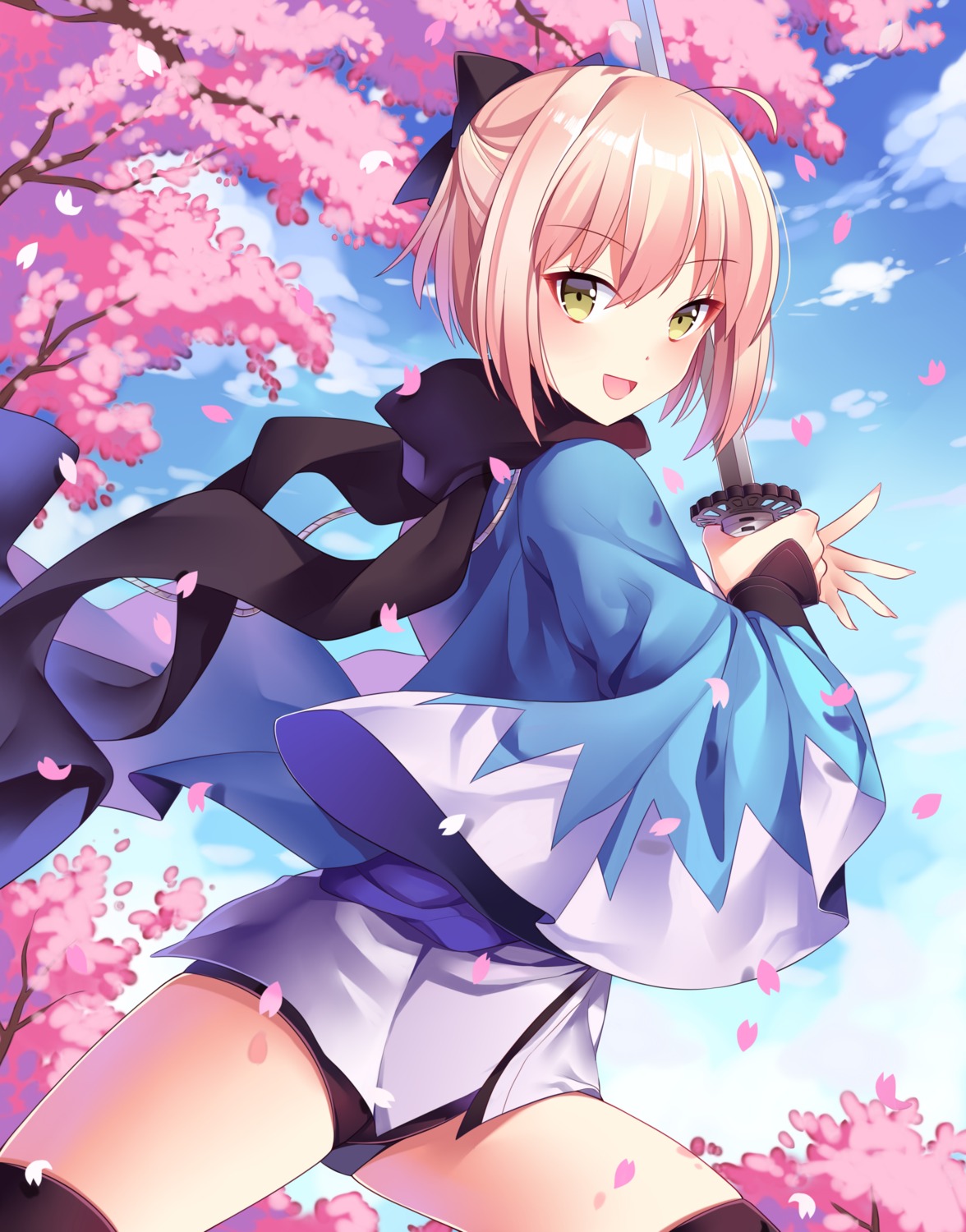 fate/grand_order japanese_clothes may_(2747513627) okita_souji_(fate) sword thighhighs