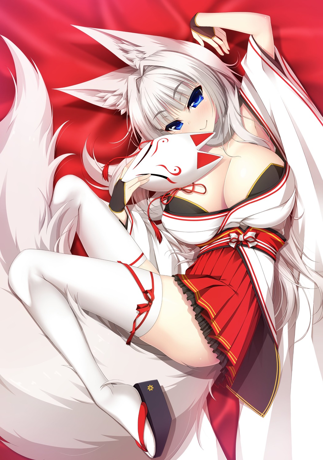 animal_ears casket kitsune miko no_bra tail thighhighs yu-ta