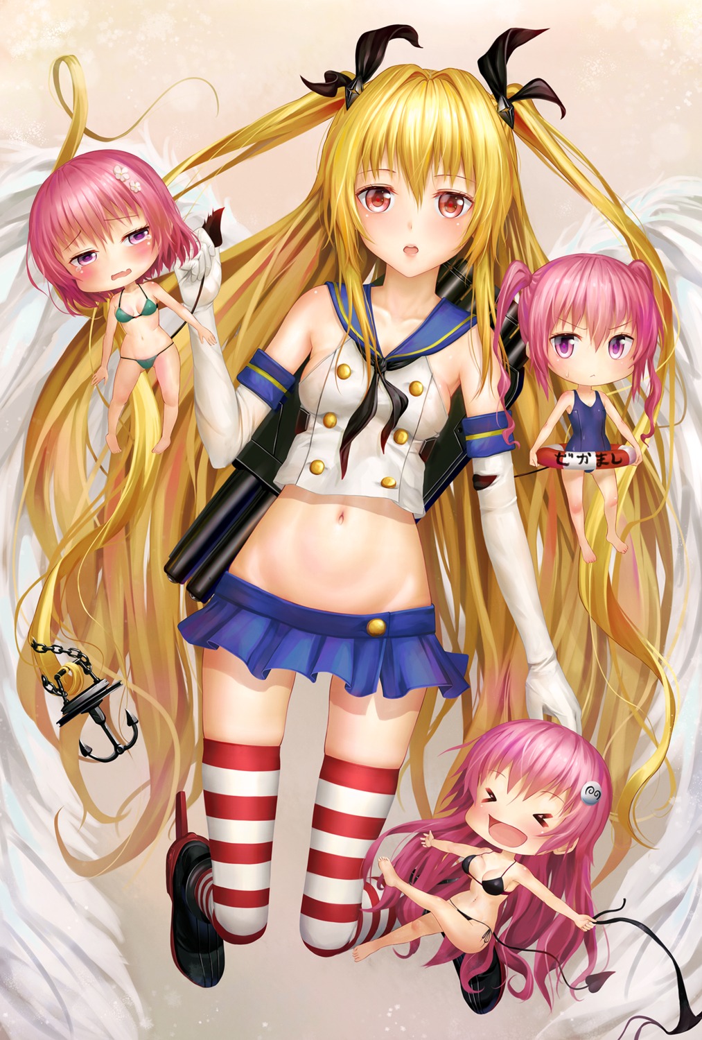 aki99 bikini chibi cleavage cosplay golden_darkness kantai_collection lala_satalin_deviluke momo_velia_deviluke nana_asta_deviluke school_swimsuit shimakaze_(kancolle) swimsuits tail thighhighs to_love_ru to_love_ru_darkness