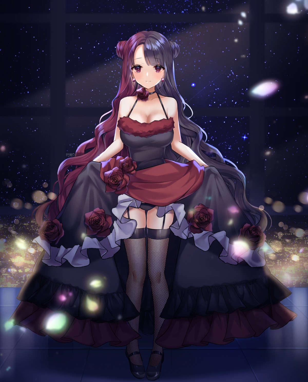 cleavage dress fishnets no_bra pantsu poho skirt_lift stockings thighhighs