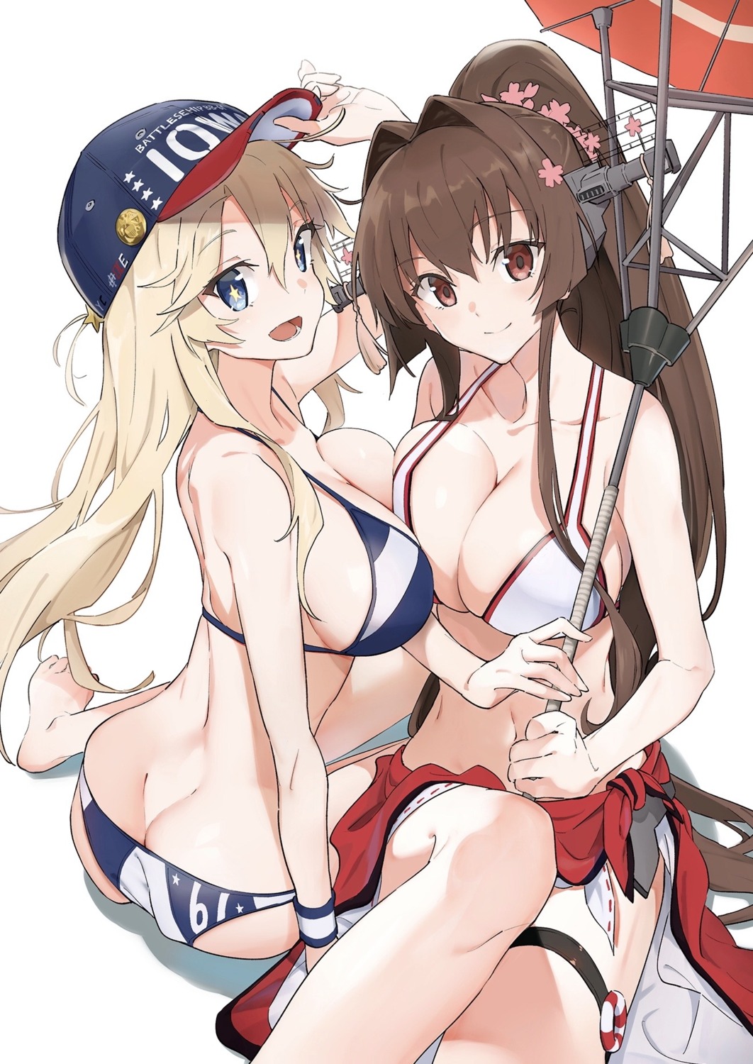 ass bikini garter iowa_(kancolle) kantai_collection muteki_soda swimsuits symmetrical_docking umbrella yamato_(kancolle)