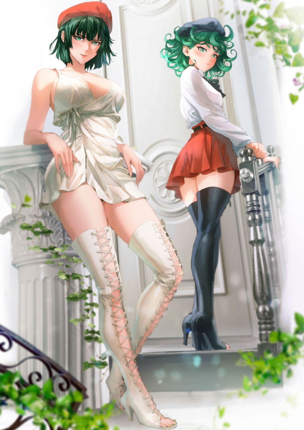 dress fubuki_(one_punch_man) heels no_bra one_punch_man spykeee tatsumaki_(one_punch_man) thighhighs