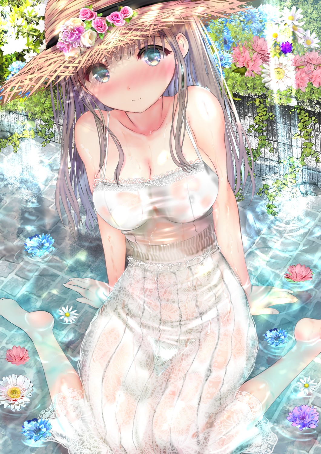 dress no_bra ogata_tei see_through summer_dress wet wet_clothes