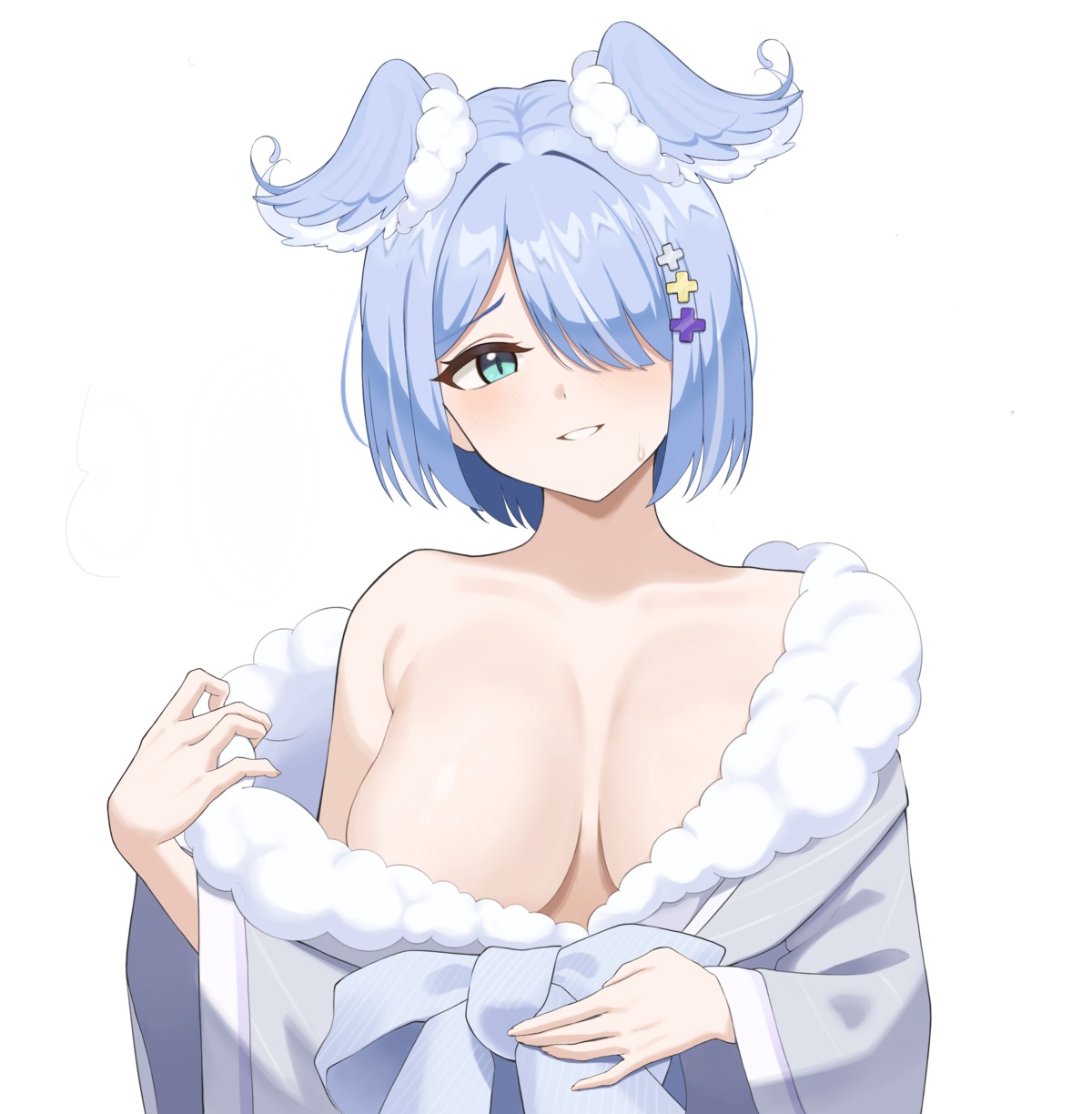 animal_ears elira_pendora japanese_clothes new_sankin_nyu nijisanji nijisanji_en no_bra open_shirt undressing