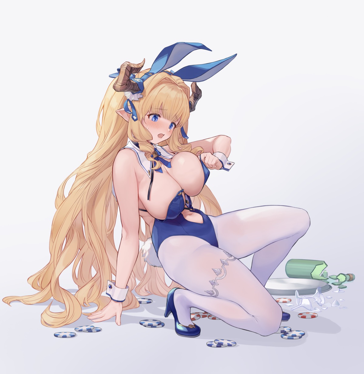 animal_ears bunny_ears bunny_girl erect_nipples garter granblue_fantasy heels horns no_bra pantyhose pointy_ears razia tail u_suke