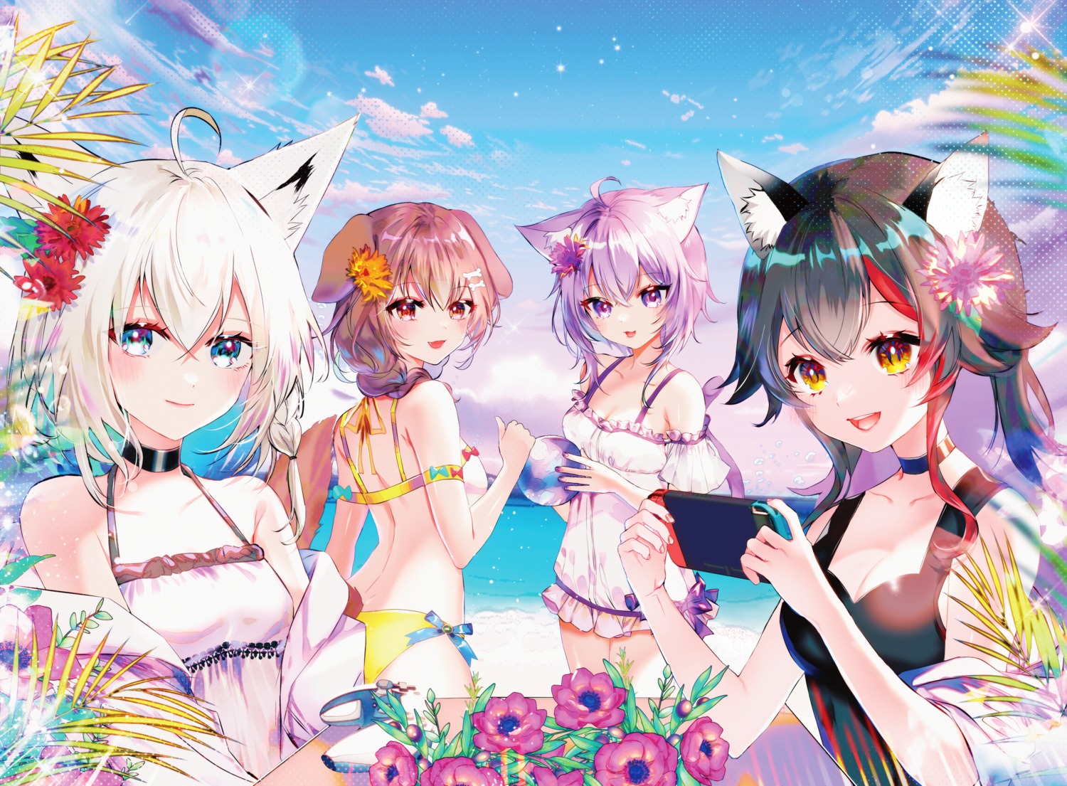 animal_ears bikini cleavage hololive hololive_gamers inugami_korone inumimi kitsune nekomata_okayu nekomimi ookami_mio shirakami_fubuki sowon swimsuits tail