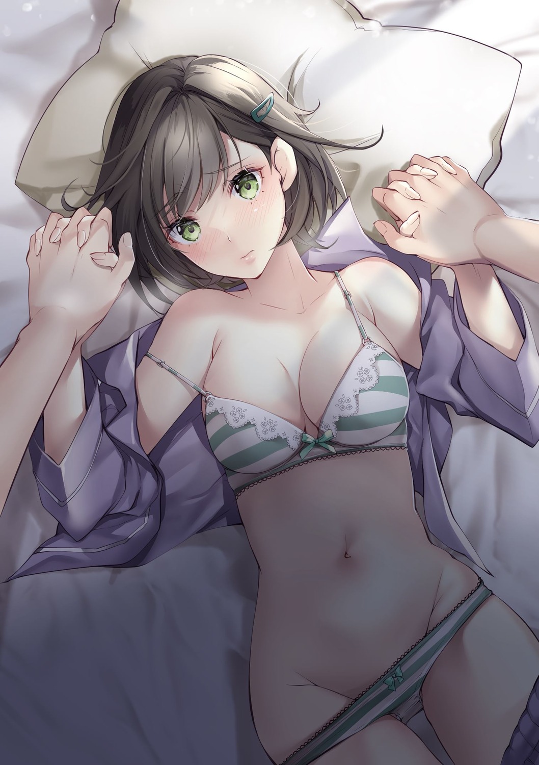 akatsuki_hijiri bra open_shirt pajama pantsu panty_pull shimapan