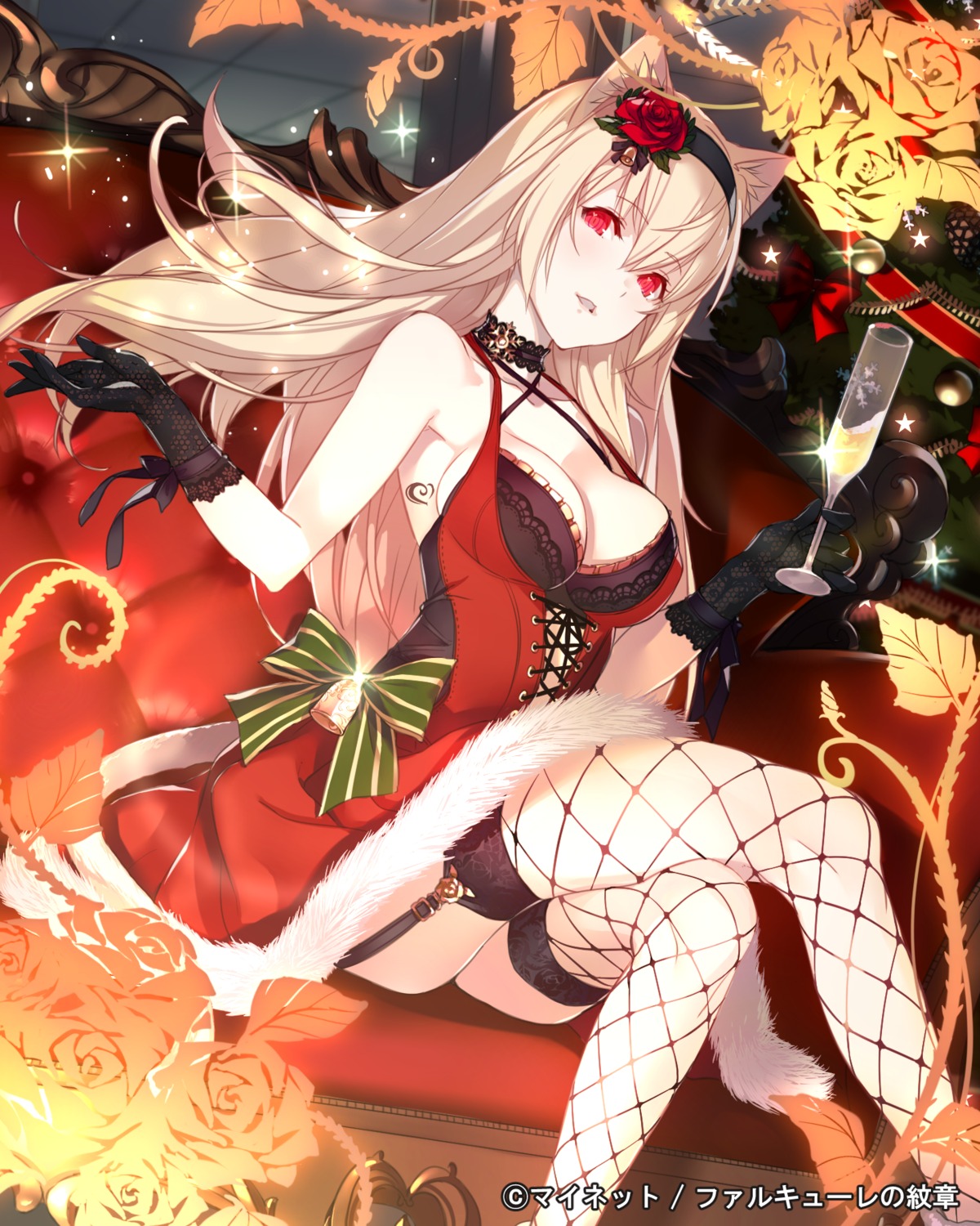 animal_ears christmas dress falkyrie_no_monshou fishnets kagetomo_midori nekomimi no_bra skirt_lift stockings tail tattoo thighhighs