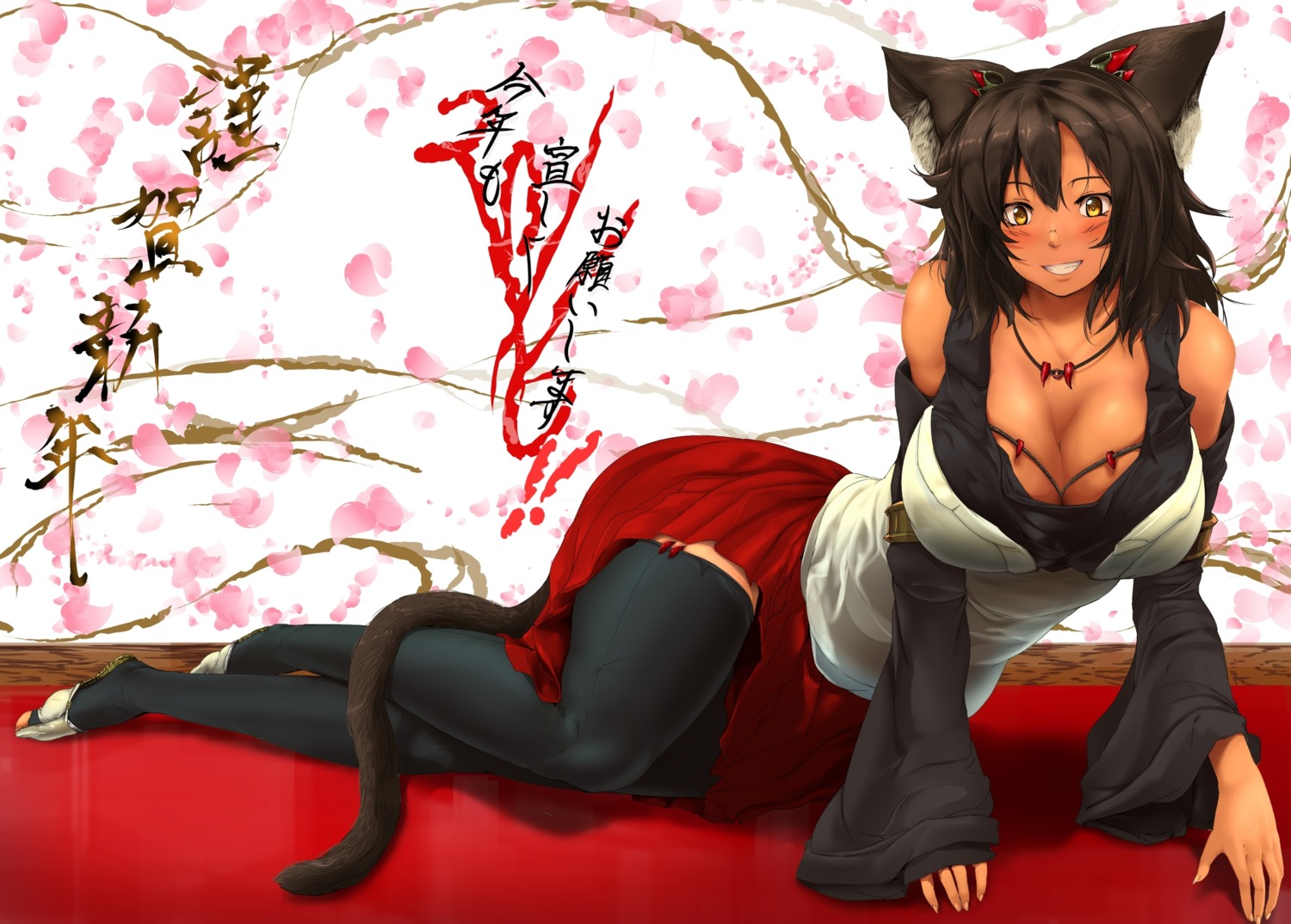 animal_ears cleavage nekomimi pekoneko_(necosupiritu) tail thighhighs