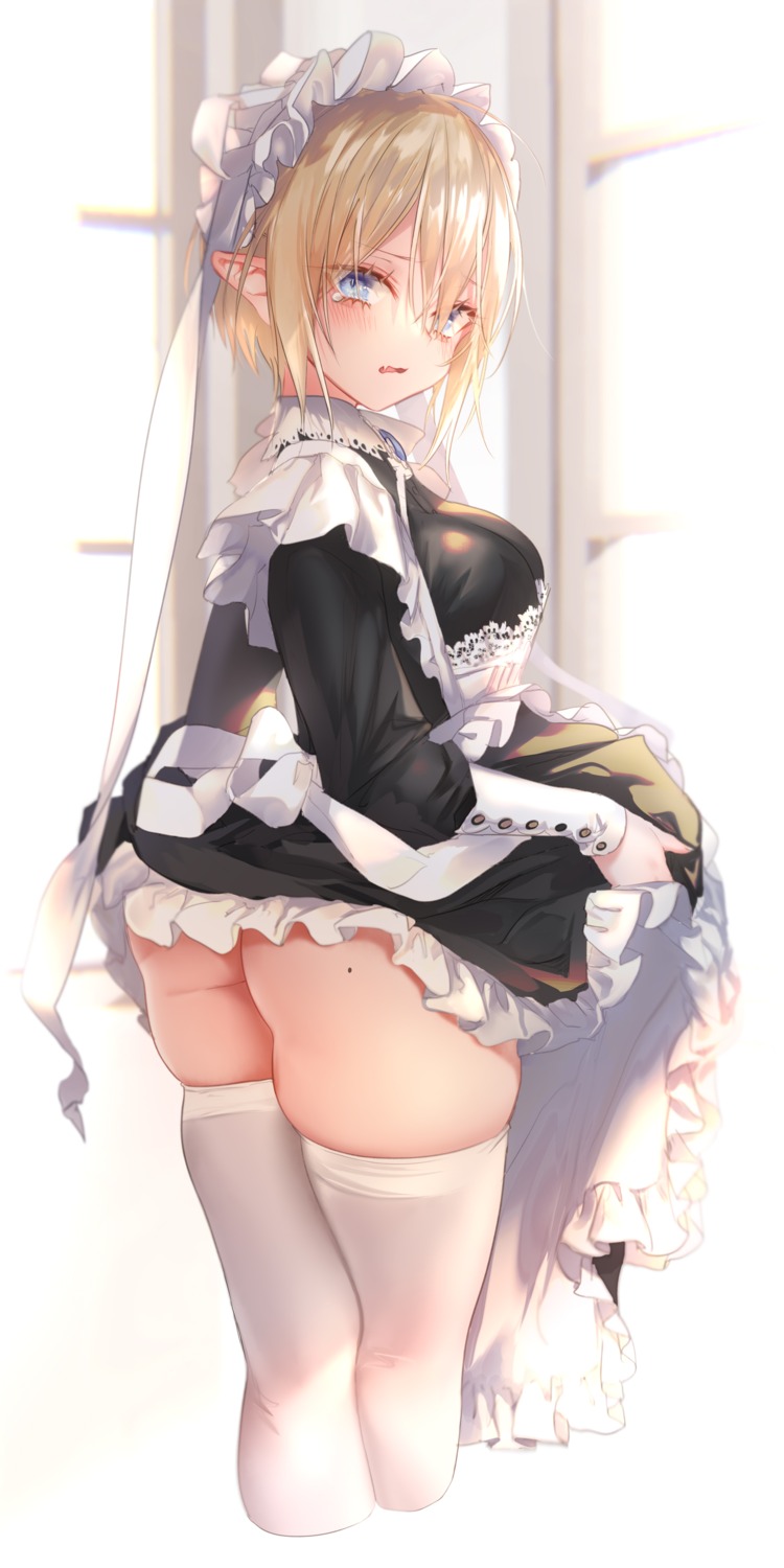 ass elf maid nopan pointy_ears pottsness skirt_lift thighhighs