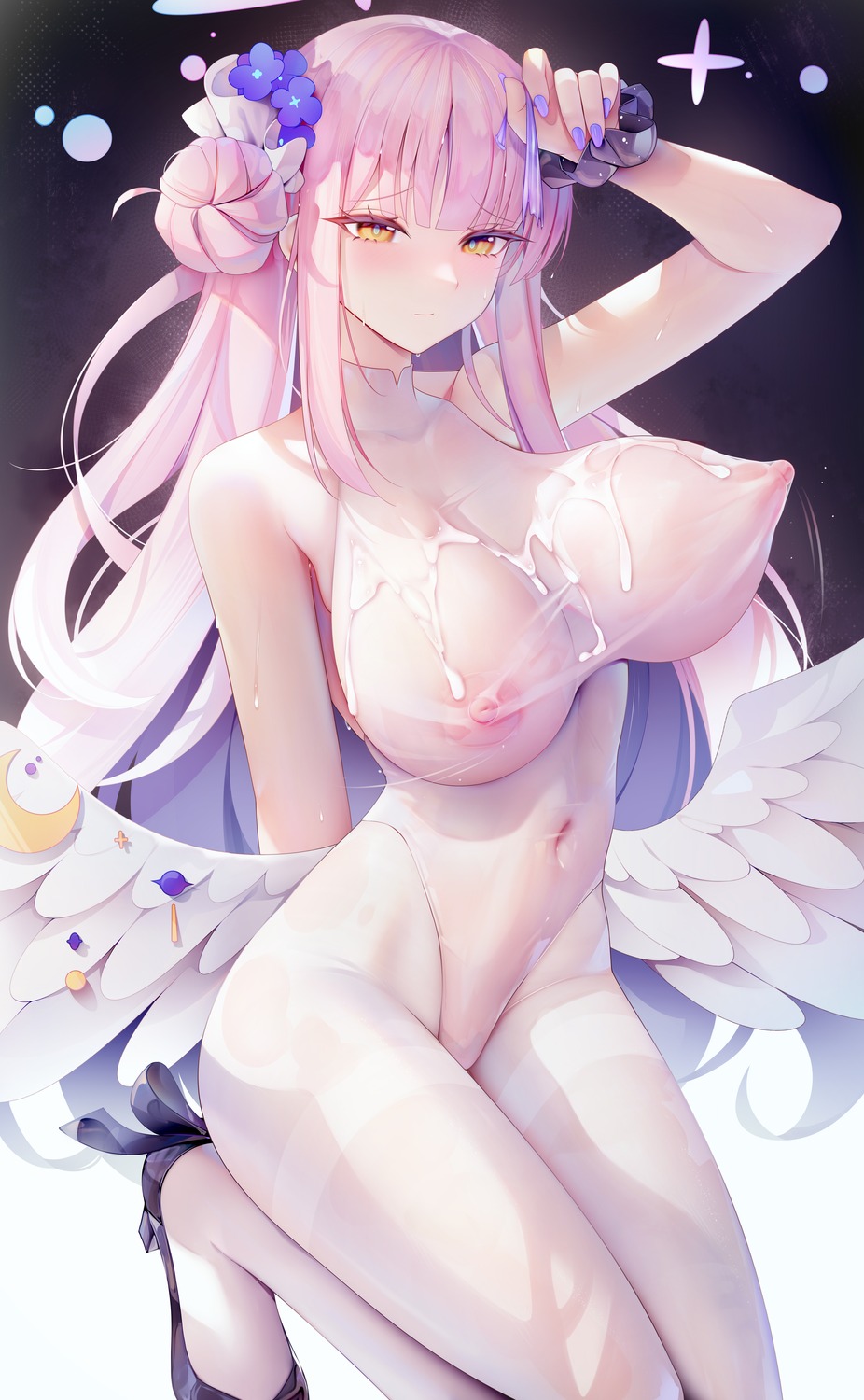 angel blue_archive cum heels leotard misono_mika nipples pantyhose see_through wings zhixue