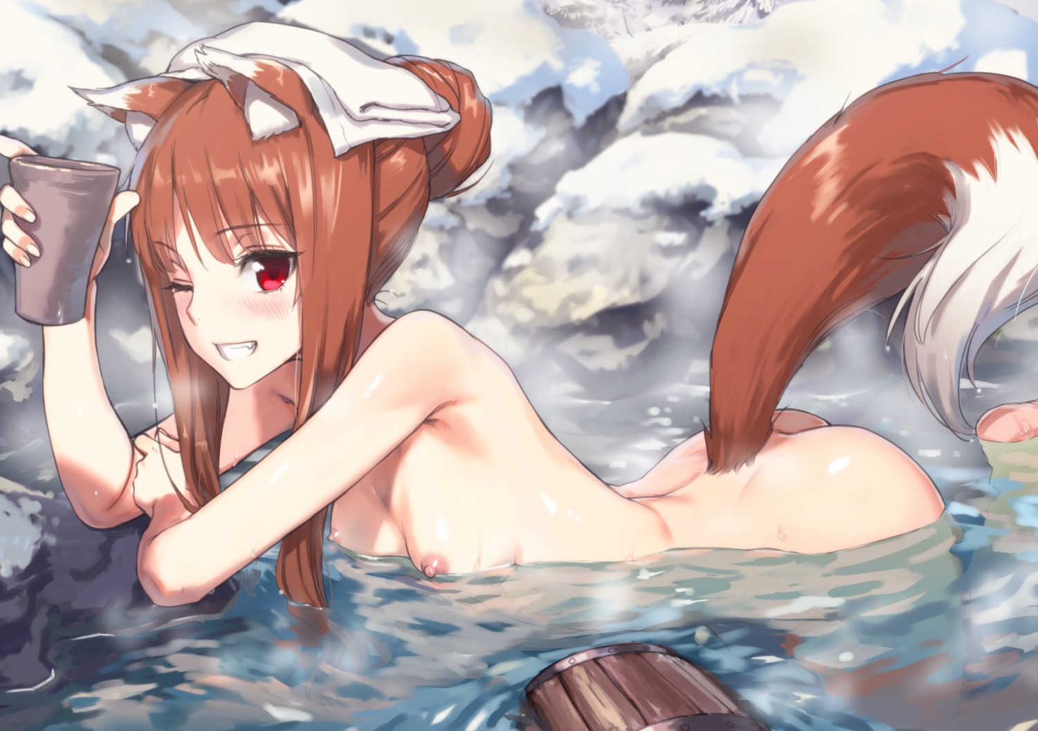 animal_ears ass holo kawakami_rokkaku naked nipples onsen spice_and_wolf tail wet