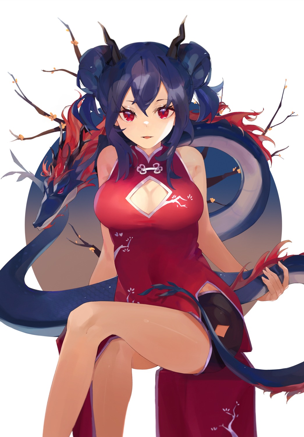 arknights ch'en_(arknights) chinadress cleavage hiemal_(winter_crow) horns tail