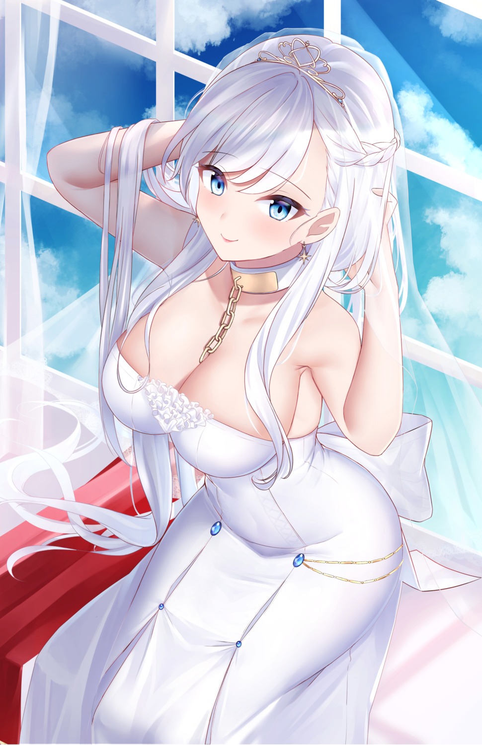 artist_revision azur_lane belfast_(azur_lane) dress jyu-so no_bra wedding_dress