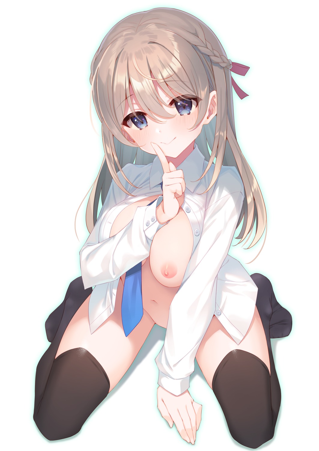 bottomless breast_hold breasts nipples no_bra open_shirt seifuku takei_ooki thighhighs ties