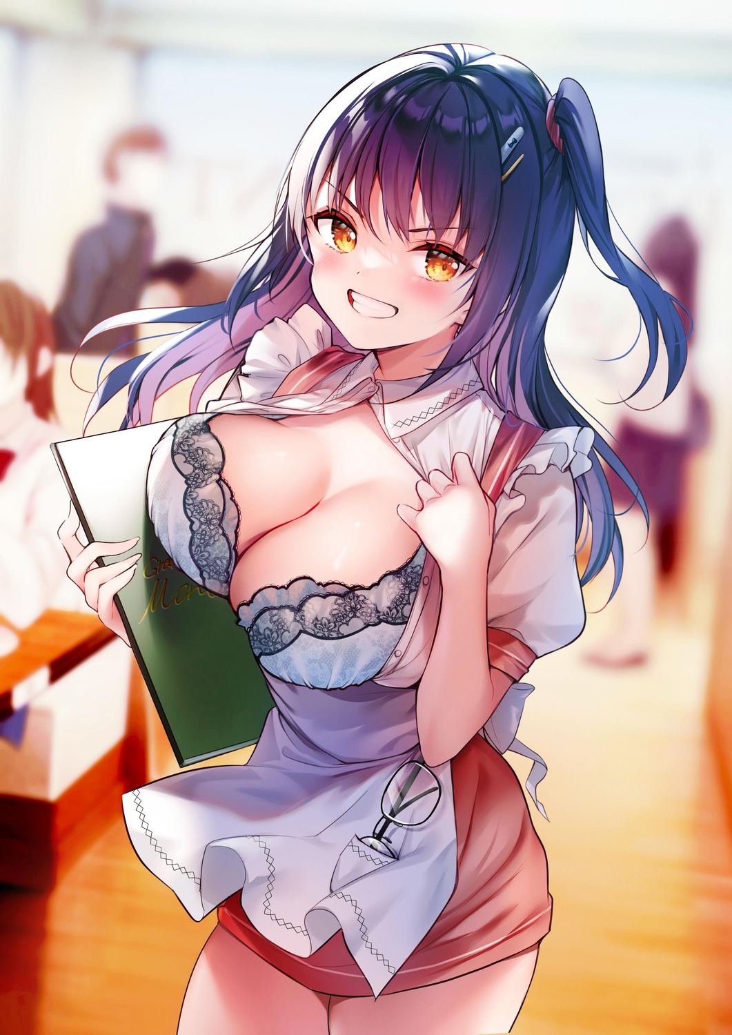 bra cleavage hisama_kumako megane moco_chouchou open_shirt sogou_ayaka waitress yuutousei_ayaka_no_uraomote