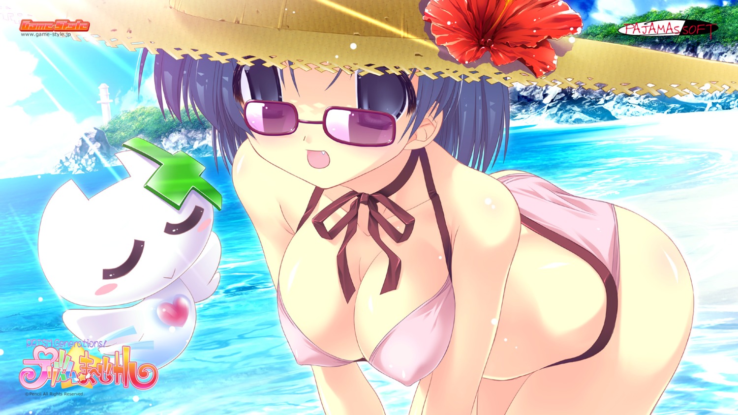 akenobe_shione bikini cleavage clio erect_nipples game-style megane ohno_tetsuya pajamas_soft prism_magical swimsuits wallpaper