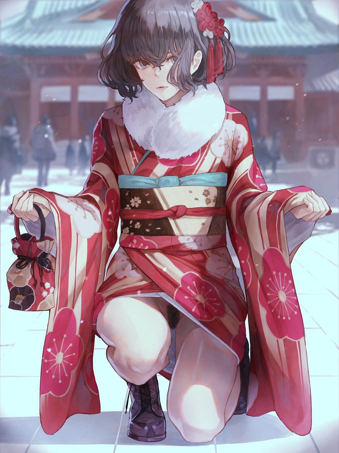 kaoming kimono nopan pubic_hair skirt_lift