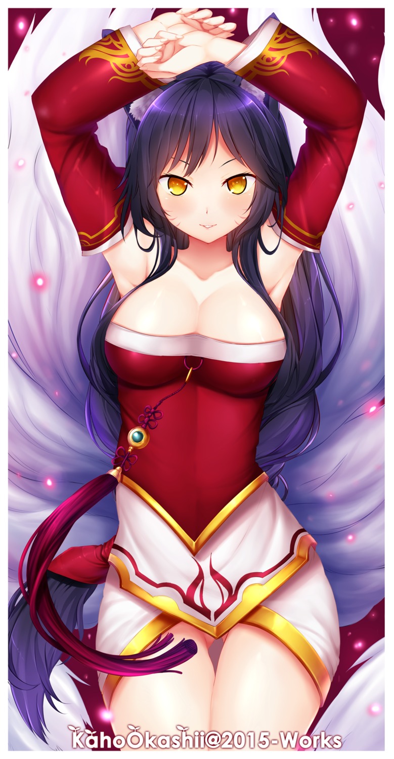 ahri animal_ears cleavage dress kaho_okashii league_of_legends tail