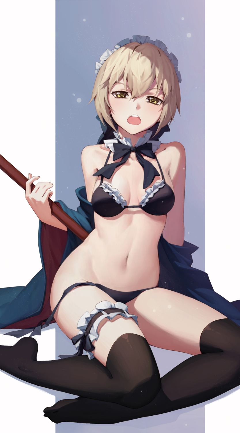 bikini chunrijun_(springer) cleavage fate/grand_order feet garter maid open_shirt panty_pull saber saber_alter swimsuits thighhighs